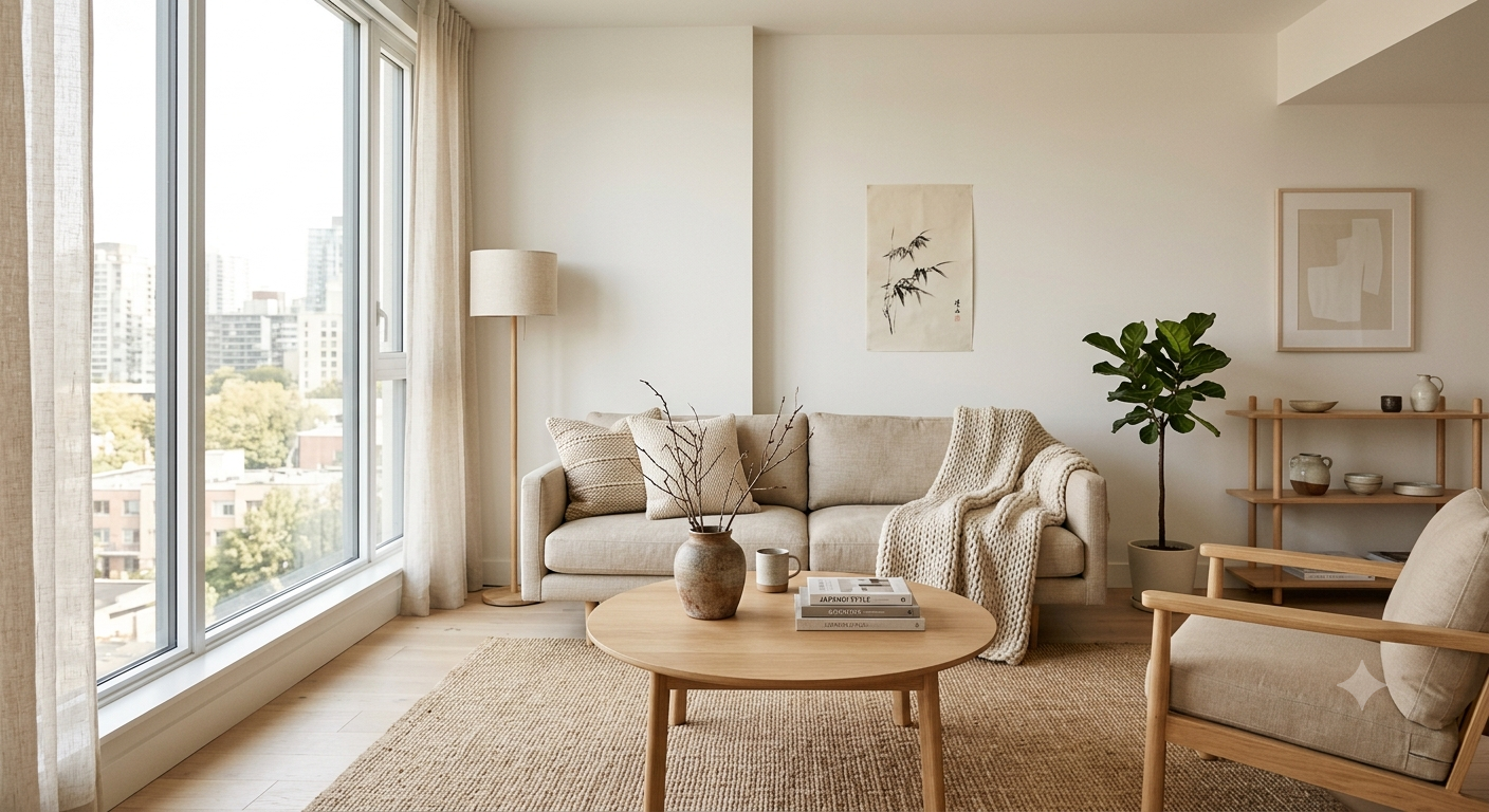 Mẫu thiết kế nội thất phòng khách chung cư phong cách tối giản (Minimalism) với tone màu be ấm áp, bàn trà gỗ tròn và sofa êm ái, thi công trọn gói bởi Nội Thất Hưng Thịnh Vượng.