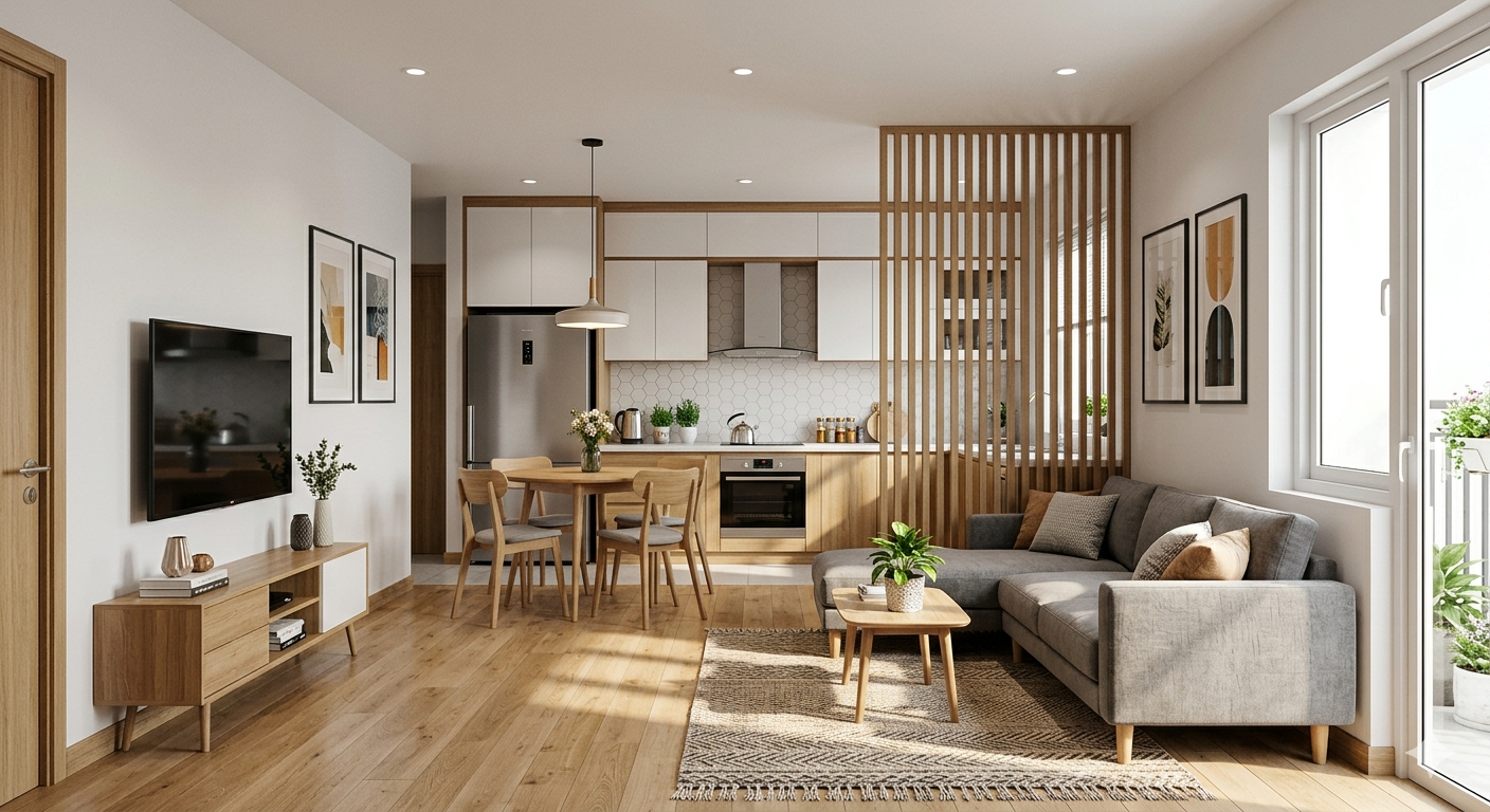 Mẫu thiết kế phòng khách liền bếp ăn không gian mở tối ưu diện tích.