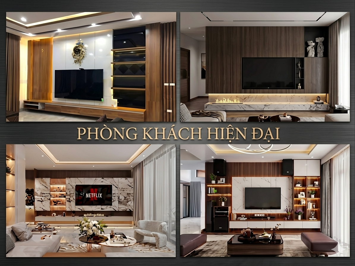 Mẫu thiết kế nội thất phòng khách phong cách hiện đại với sofa chữ L và kệ tivi treo tường.