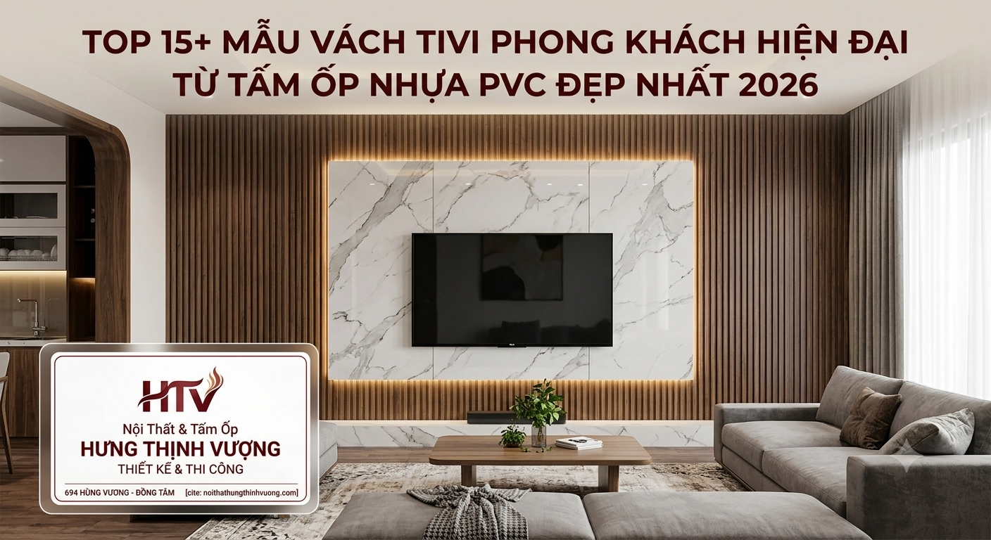 Banner tổng hợp các mẫu vách tivi phòng khách hiện đại từ tấm ốp nhựa PVC vân đá cẩm thạch bóng gương phối hợp lam sóng vân gỗ cao cấp năm 2026 của Nội Thất Hưng Thịnh Vượng.