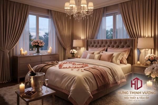 Thiết kế nội thất phòng ngủ lãng mạn và sang trọng cho đêm tân hôn với giường bọc nhung, cánh hoa hồng trái tim và nến lung linh. Một dự án trọn gói của Nội Thất & Tấm Ốp Hưng Thịnh Vượng.