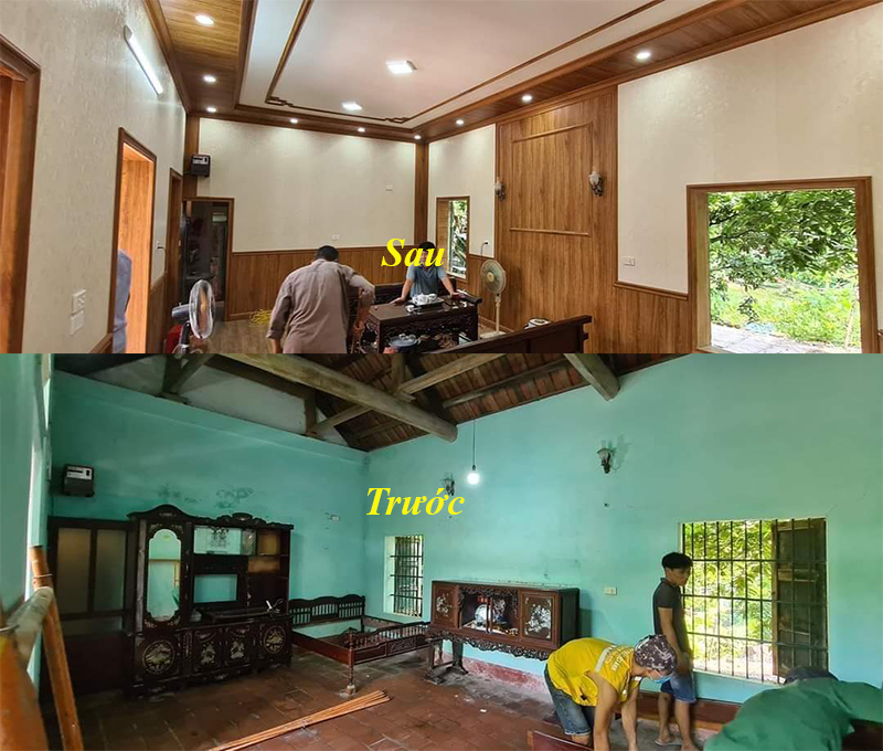 Hình ảnh trước và sau khi cải tạo bức tường nhà cấp 4 cũ ẩm mốc bằng tấm ốp tường PVC vân đá.
