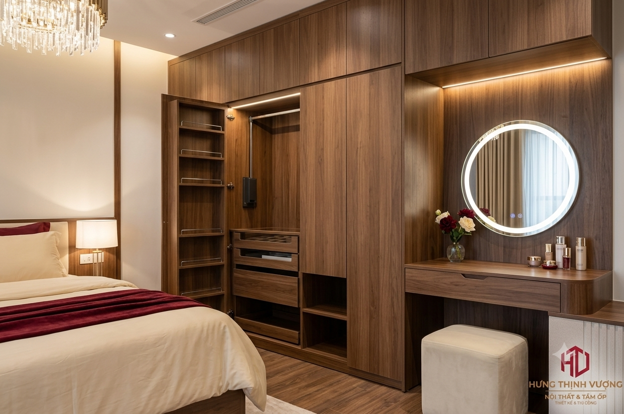 Thiết kế hệ tủ quần áo kịch trần thông minh kết hợp bàn trang điểm thanh lịch tone-sur-tone cho phòng cưới. Thi công trọn gói bởi Nội Thất Hưng Thịnh Vượng.