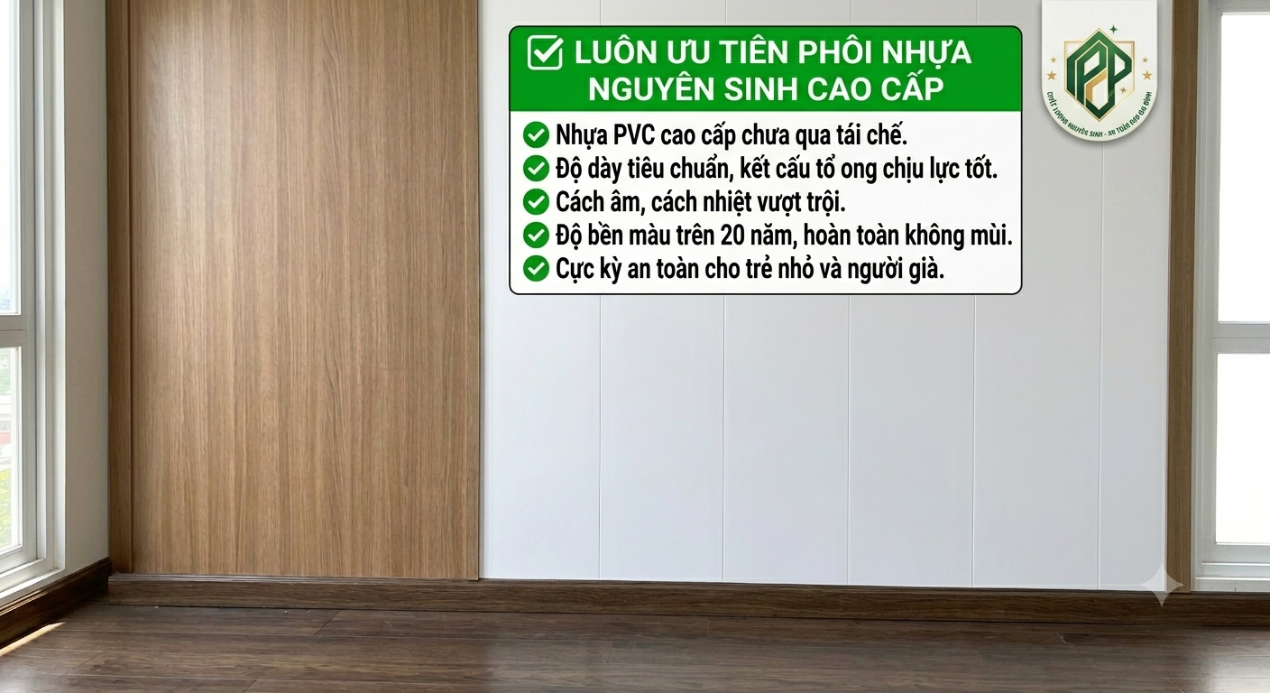 Mẫu công trình thi công hoàn thiện bằng tấm ốp tường nhựa phẳng Nano làm từ phôi nhựa nguyên sinh cao cấp an toàn cho sức khỏe độ bền trên 20 năm của Nội Thất Hưng Thịnh Vượng.