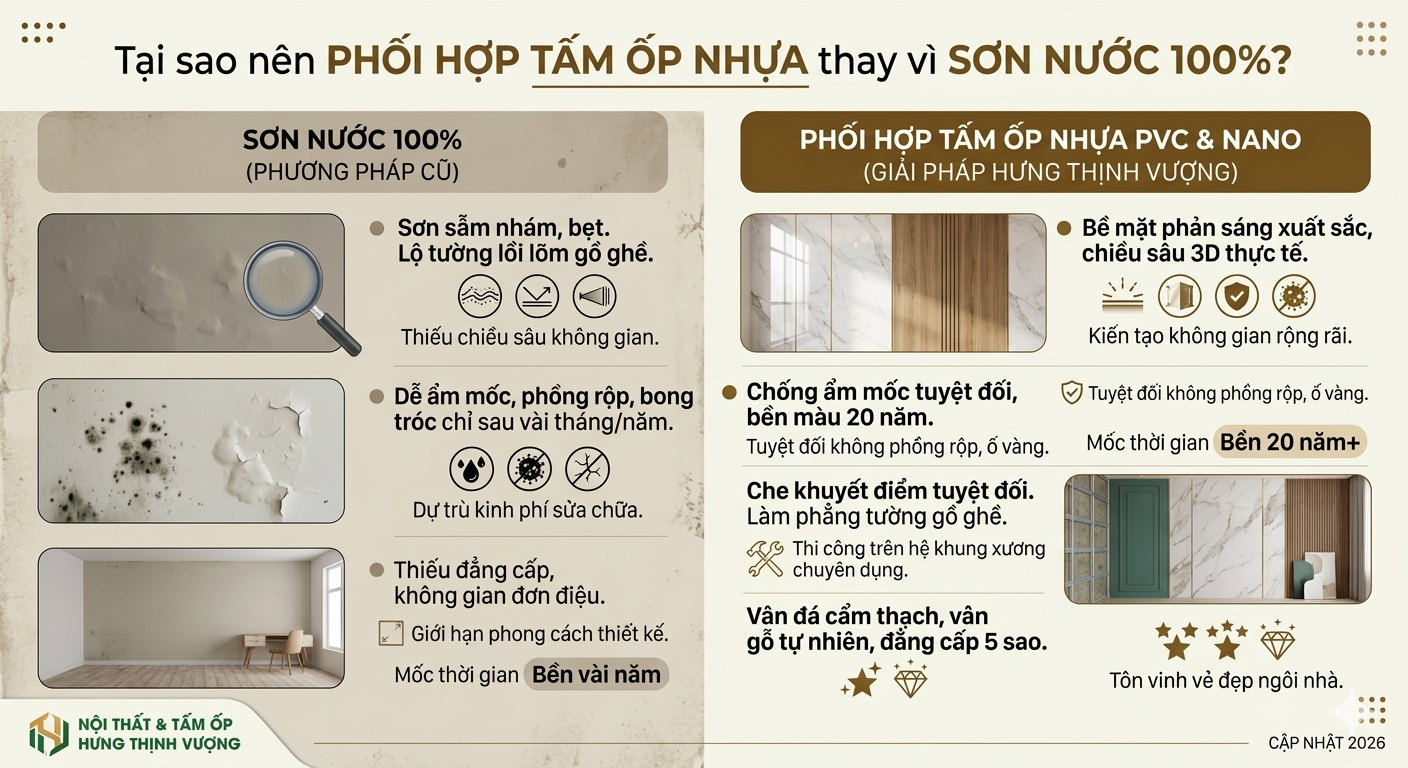 Ưu điểm vượt trội của tấm ốp nhựa PVC so với sơn nước truyền thống trong việc xử lý tường ẩm mốc và tạo chiều sâu không gian.
