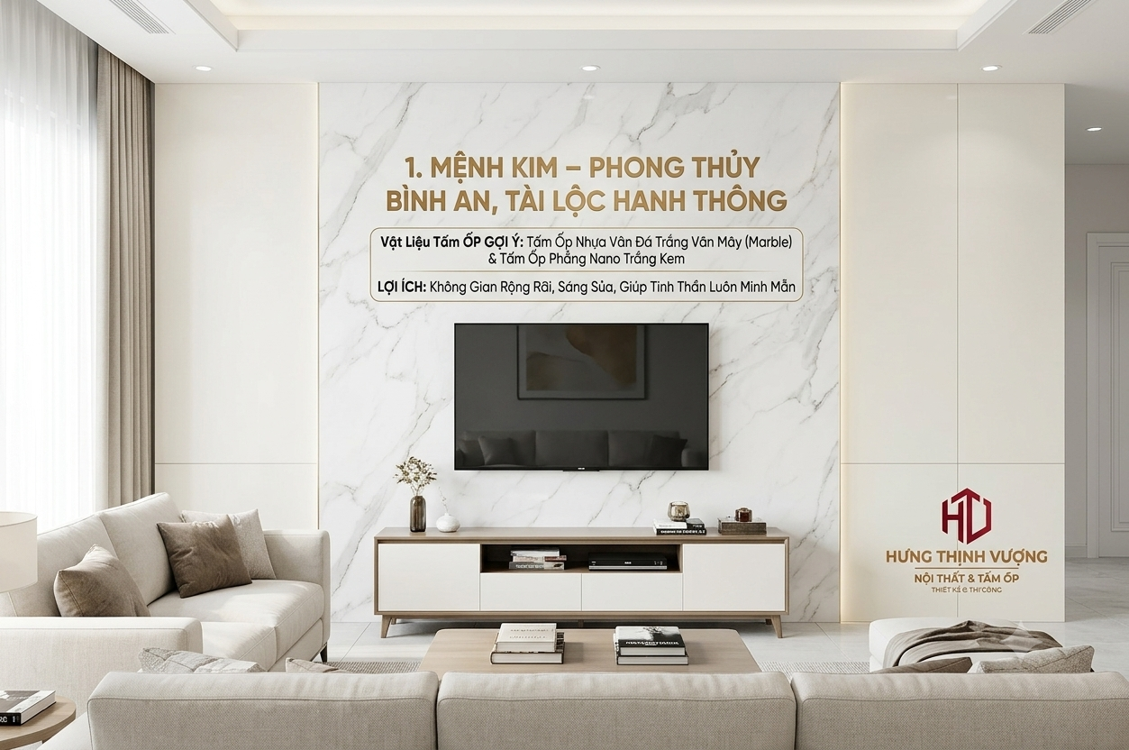 Mẫu vách tivi phòng khách sang trọng phối màu tấm ốp nhựa vân đá trắng cẩm thạch và tấm ốp phẳng Nano màu trắng kem hợp phong thủy gia chủ mệnh Kim.