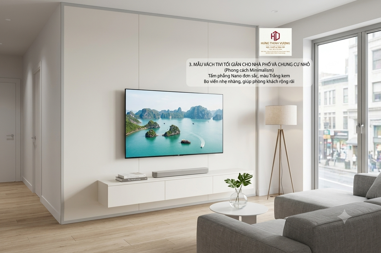 Mẫu vách tivi tối giản cho phòng khách chung cư nhỏ sử dụng tấm phẳng Nano đơn sắc màu trắng kem bo viền nhẹ nhàng của Nội Thất Hưng Thịnh Vượng.