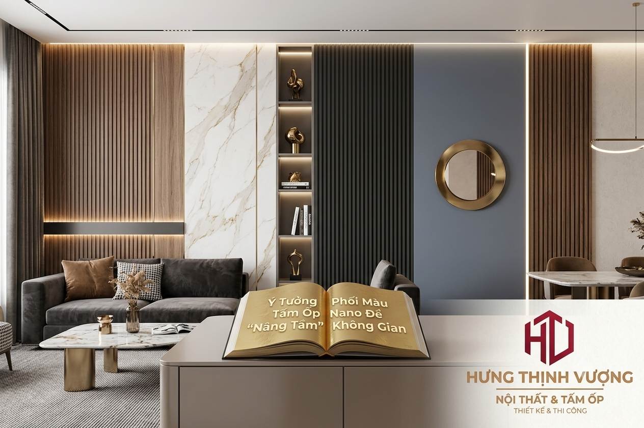 Ý tưởng phối màu tấm ốp Nano hiện đại giúp nâng tầm không gian phòng khách sang trọng và đẳng cấp của Hưng Thịnh Vượng.