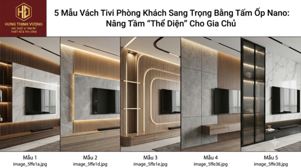 "Tổng hợp 5 mẫu vách Tivi phòng khách sang trọng sử dụng tấm ốp Nano kết hợp lam sóng do Nội Thất Hưng Thịnh Vượng thi công."
