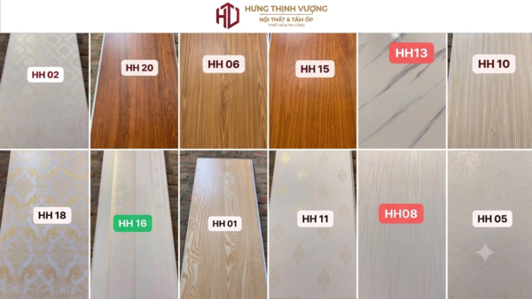 "Bảng mã màu tấm ốp nhựa Nano Hưng Thịnh Vượng: Đa dạng vân gỗ, vân đá và hoa văn sang trọng cho không gian nội thất."
