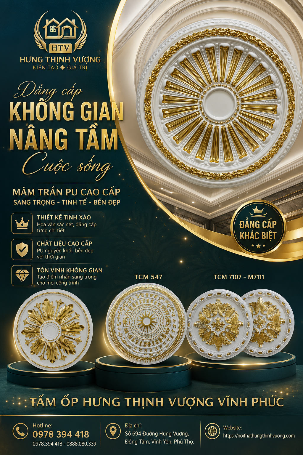 "Bảng báo giá mâm trần PU cao cấp nhũ vàng cổ điển, mâm trần trống đồng tinh xảo trang trí trần nhà sang trọng - Tấm ốp Hưng Thịnh Vượng Vĩnh Phúc."