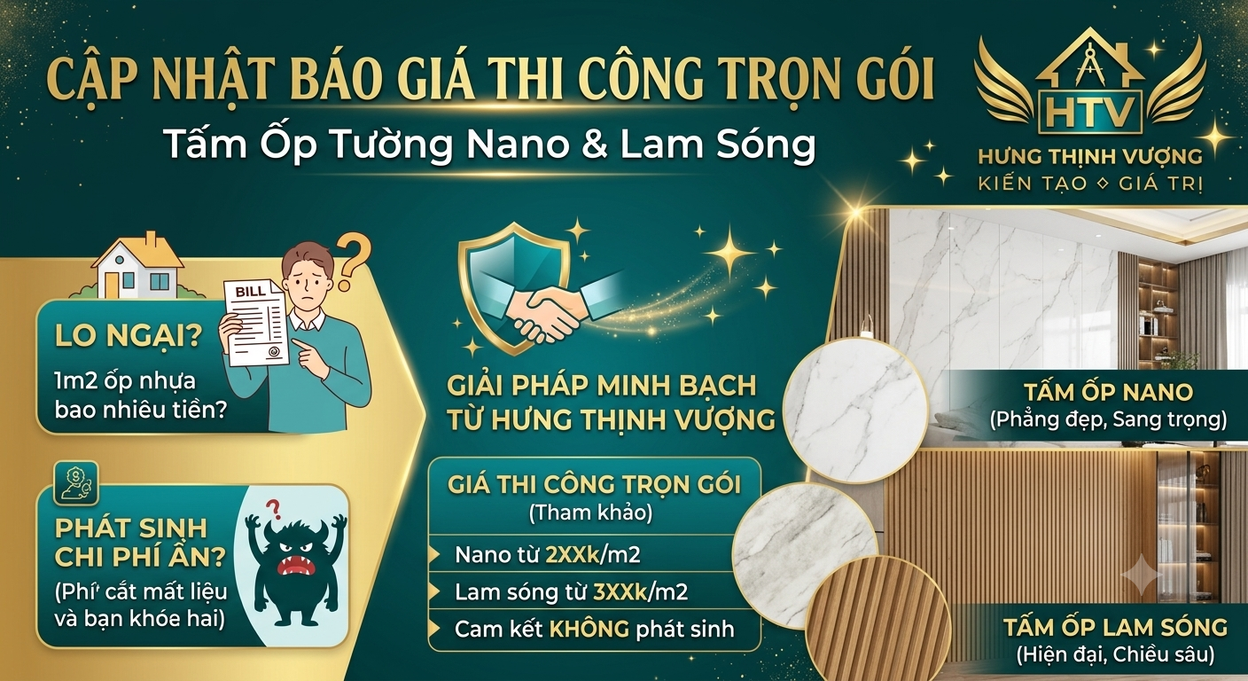 Infographic báo giá thi công tấm ốp tường Nano và Lam Sóng trọn gói, minh bạch tại Nội Thất & Tấm Ốp Hưng Thịnh Vượng với các mẫu vân đá và vân gỗ sang trọng, giải quyết nỗi lo chi phí ẩn và báo giá mập mờ.