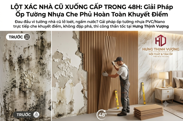 "Giải pháp cải tạo nhà cũ xuống cấp, tường ẩm mốc bằng tấm ốp nhựa Nano/PVC thần tốc trong 48h tại Nội Thất Hưng Thịnh Vượng."