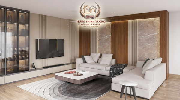 Thiết kế vách tivi phòng khách sang trọng, hiện đại bằng tấm ốp Nano vân gỗ, đá của Hưng Thịnh Vượng