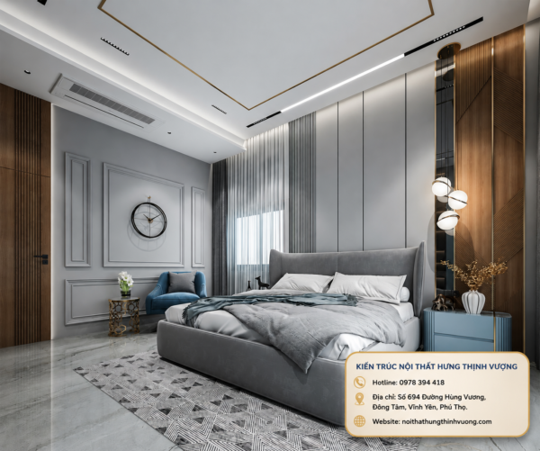 "Không gian phòng ngủ Master hiện đại sau khi cải tạo bằng tấm ốp nhựa Nano cao cấp kết hợp vách đầu giường hệ đèn LED sang trọng - Nội Thất Hưng Thịnh Vượng."