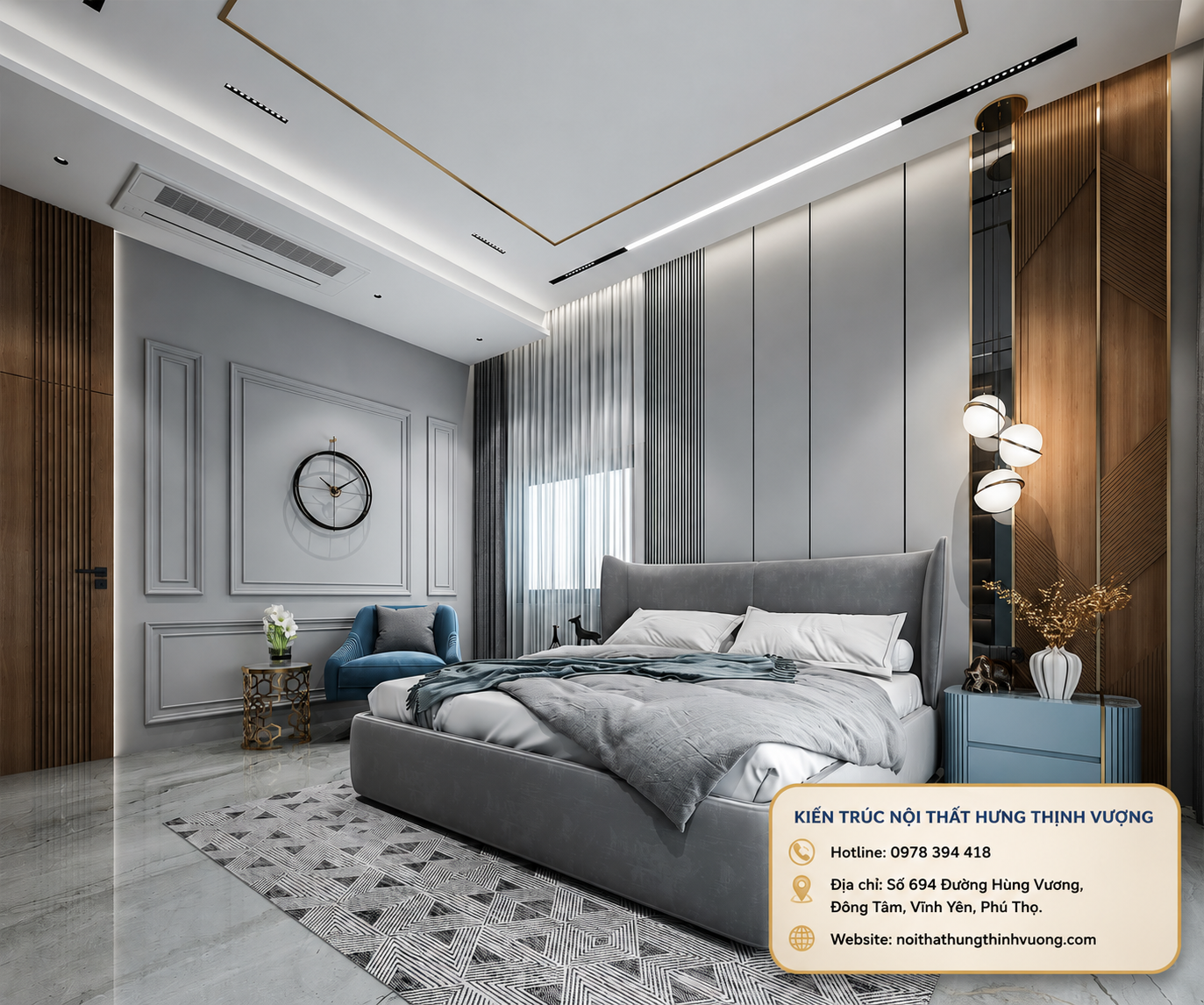 "Không gian phòng ngủ Master hiện đại sau khi cải tạo bằng tấm ốp nhựa Nano cao cấp kết hợp vách đầu giường hệ đèn LED sang trọng - Nội Thất Hưng Thịnh Vượng."