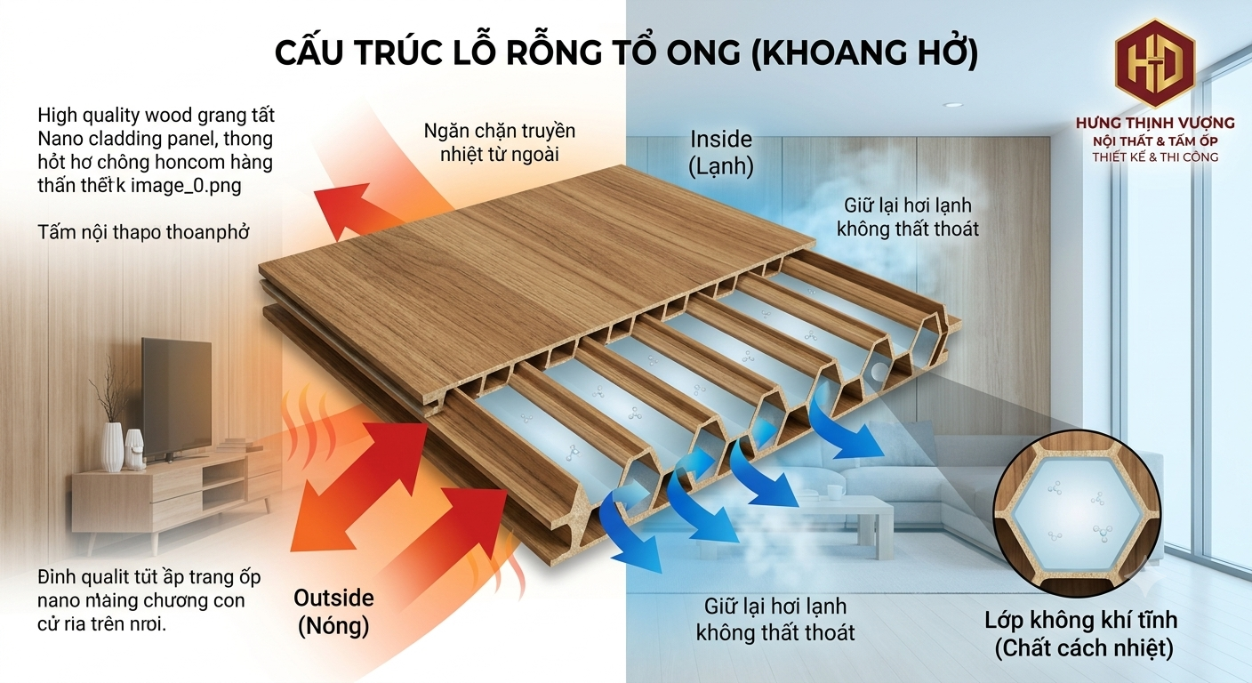 "Cấu tạo lỗ rỗng tổ ong của tấm ốp nhựa Nano Hưng Thịnh Vượng giúp cách nhiệt, chống nóng và giữ hơi lạnh hiệu quả cho không gian nội thất."