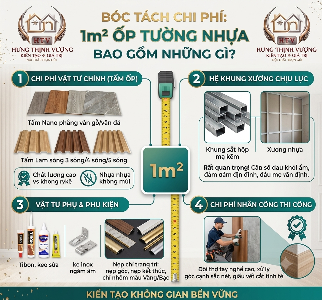 Infographic bóc tách chi phí thi công 1m² tấm ốp tường nhựa Nano và lam sóng, bao gồm vật tư chính, hệ khung xương, phụ kiện và nhân công tại Hưng Thịnh Vượng.
