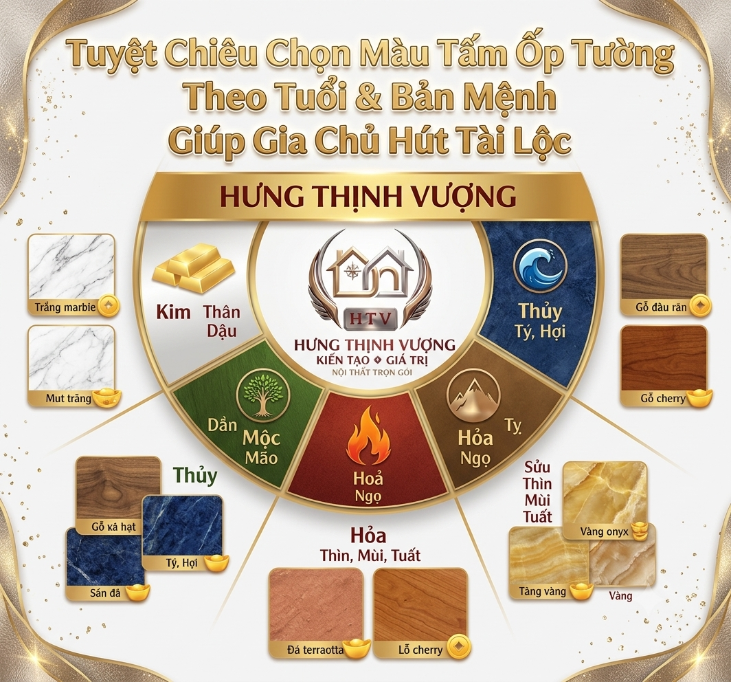 Infographic hướng dẫn chọn màu tấm ốp tường Nano và Lam Sóng hợp phong thủy theo bản mệnh Kim, Mộc, Thủy, Hỏa, Thổ giúp gia chủ thu hút tài lộc tại Hưng Thịnh Vượng.
