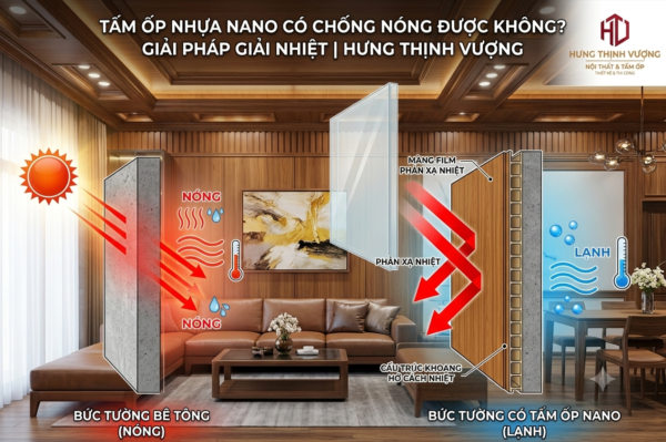 "Sơ đồ minh họa cơ chế chống nóng, cách nhiệt của tấm ốp nhựa Nano Hưng Thịnh Vượng trên tường bê tông hướng Tây."