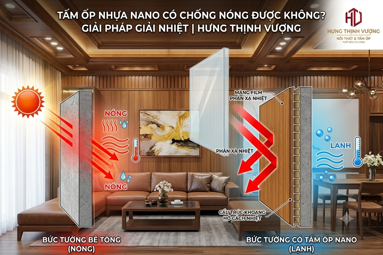 "Sơ đồ minh họa cơ chế chống nóng, cách nhiệt của tấm ốp nhựa Nano Hưng Thịnh Vượng trên tường bê tông hướng Tây."