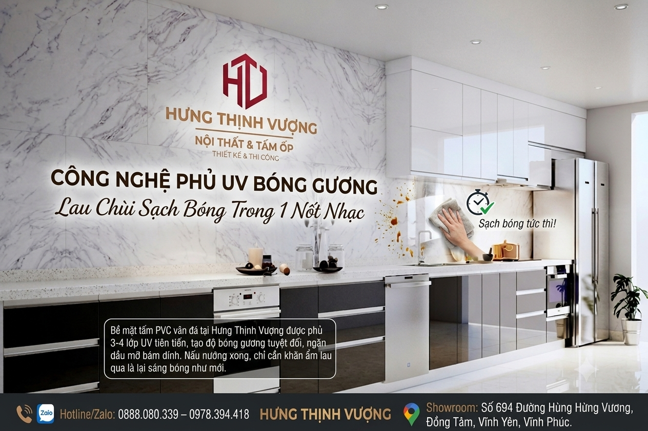 "Công nghệ phủ UV bóng gương trên tấm ốp PVC vân đá giúp lau chùi dầu mỡ nhà bếp dễ dàng, thi công bởi Hưng Thịnh Vượng."