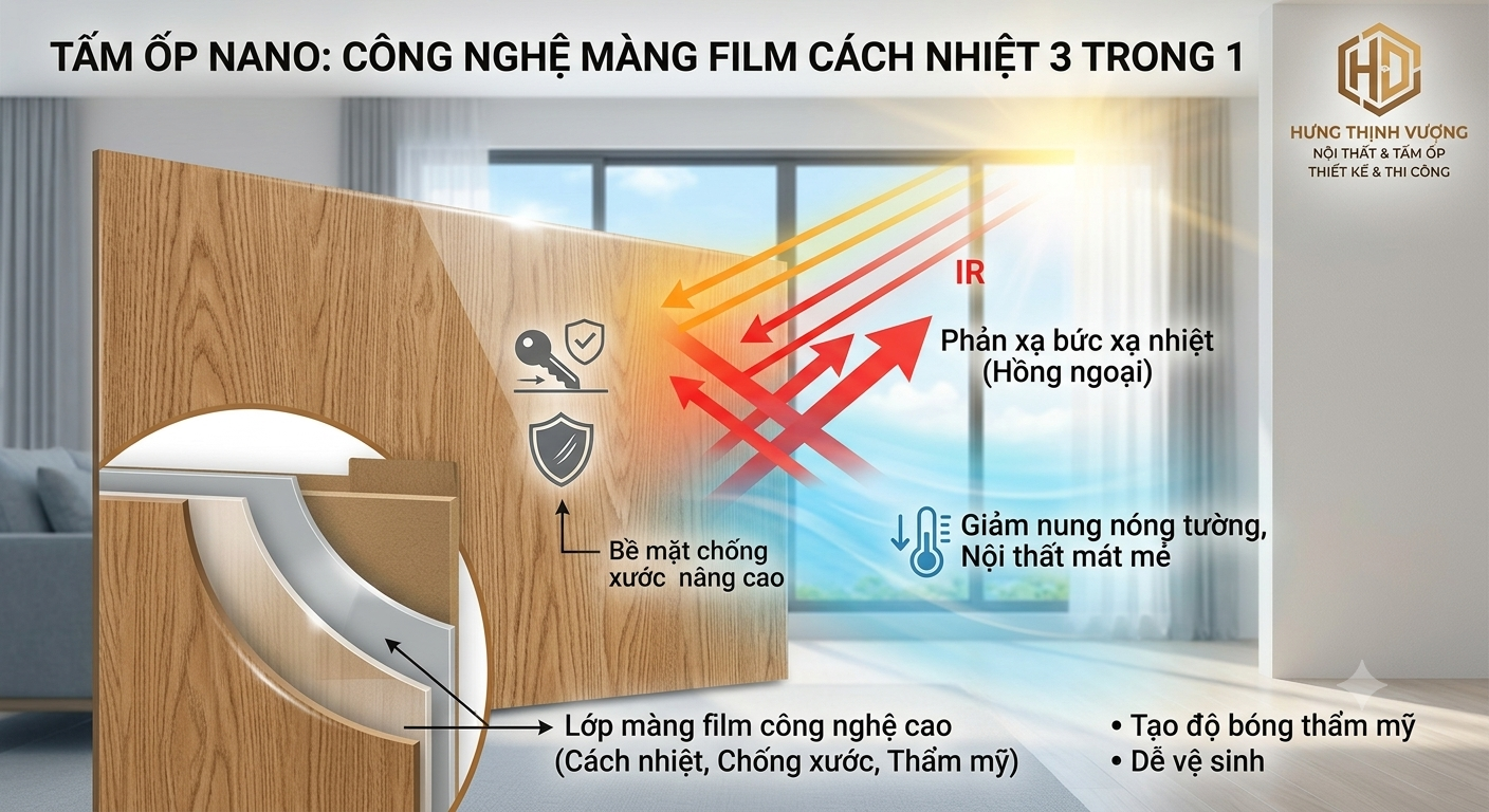 "Sơ đồ công nghệ màng film cách nhiệt 3 trong 1 trên tấm ốp nhựa Nano, giúp phản xạ tia hồng ngoại và chống nóng cho tường nhà, thi công bởi Hưng Thịnh Vượng."