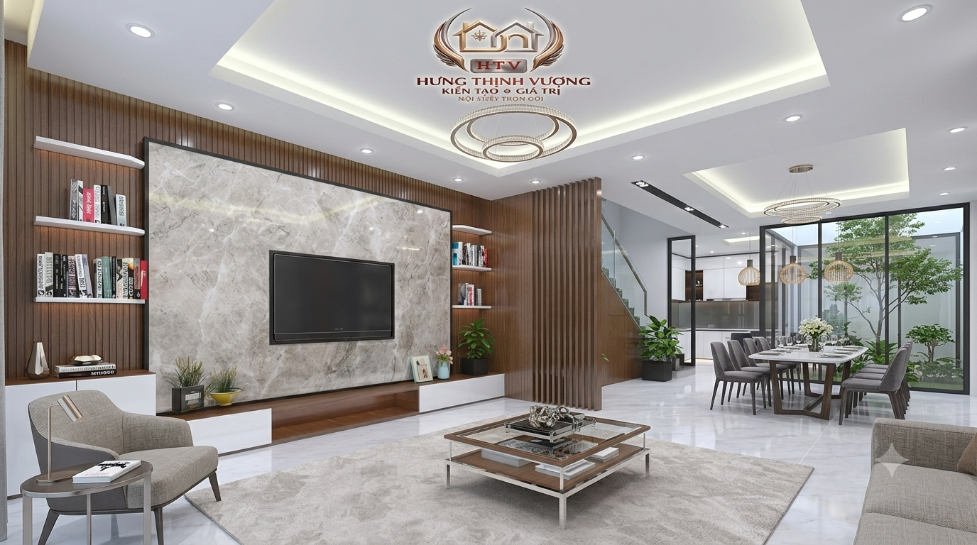 Không gian phòng khách hoàn thiện sau khi cải tạo bằng tấm ốp Nano cao cấp tại Vĩnh Phúc - Hưng Thịnh Vượng