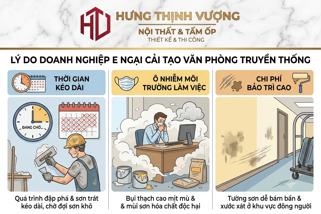 "Những lý do doanh nghiệp e ngại cải tạo văn phòng truyền thống: mất thời gian, ô nhiễm bụi bẩn và chi phí bảo trì cao."