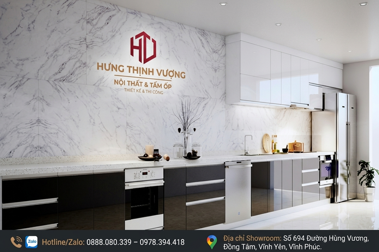 "Không gian phòng bếp hiện đại ốp tấm nhựa PVC vân đá trắng sang trọng do Nội Thất Hưng Thịnh Vượng thi công."