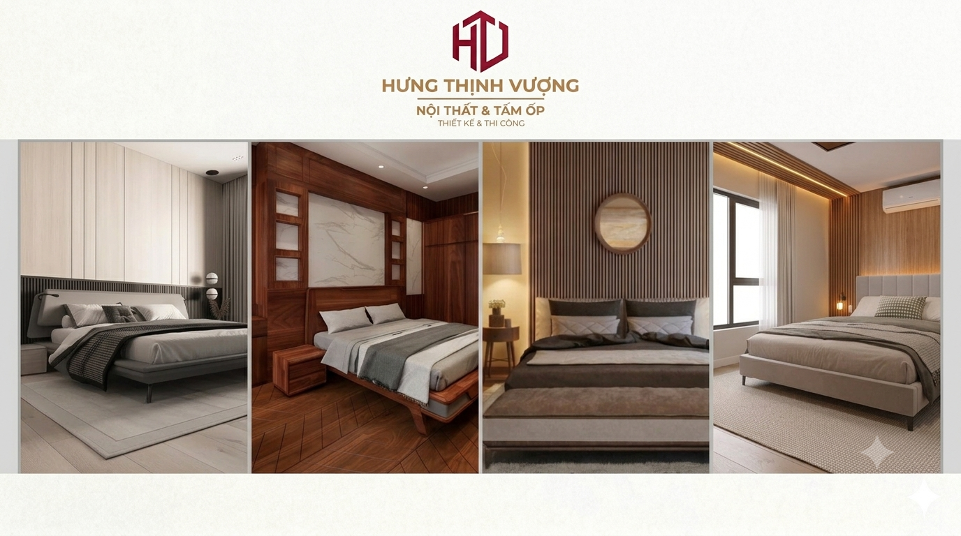"Các mẫu phòng ngủ đẹp, hiện đại sử dụng tấm ốp tường Nano cách âm, an toàn cho sức khỏe gia đình thi công bởi Nội Thất Hưng Thịnh Vượng."
