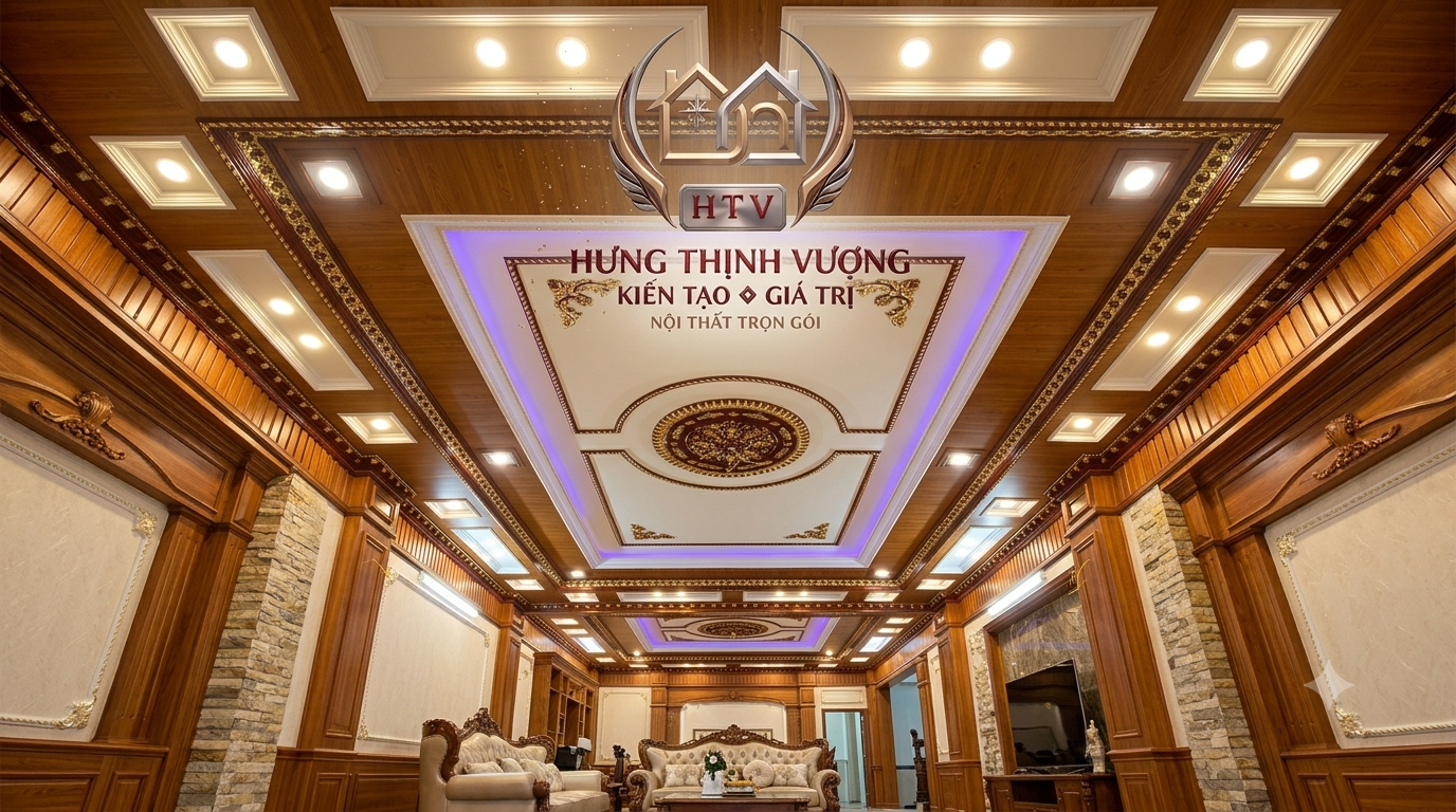 Mẫu trần lam sóng giả gỗ đẹp đỉnh cao cho phòng khách hiện đại do Hưng Thịnh Vượng thi công