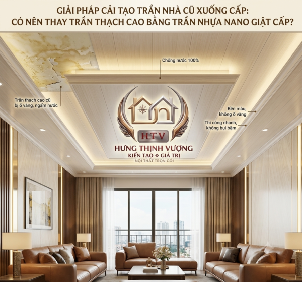 "Cải tạo trần nhà cũ bị ẩm mốc bằng trần nhựa Nano giật cấp hiện đại, chống thấm nước 100%, thi công nhanh chóng - Nội Thất Hưng Thịnh Vượng."