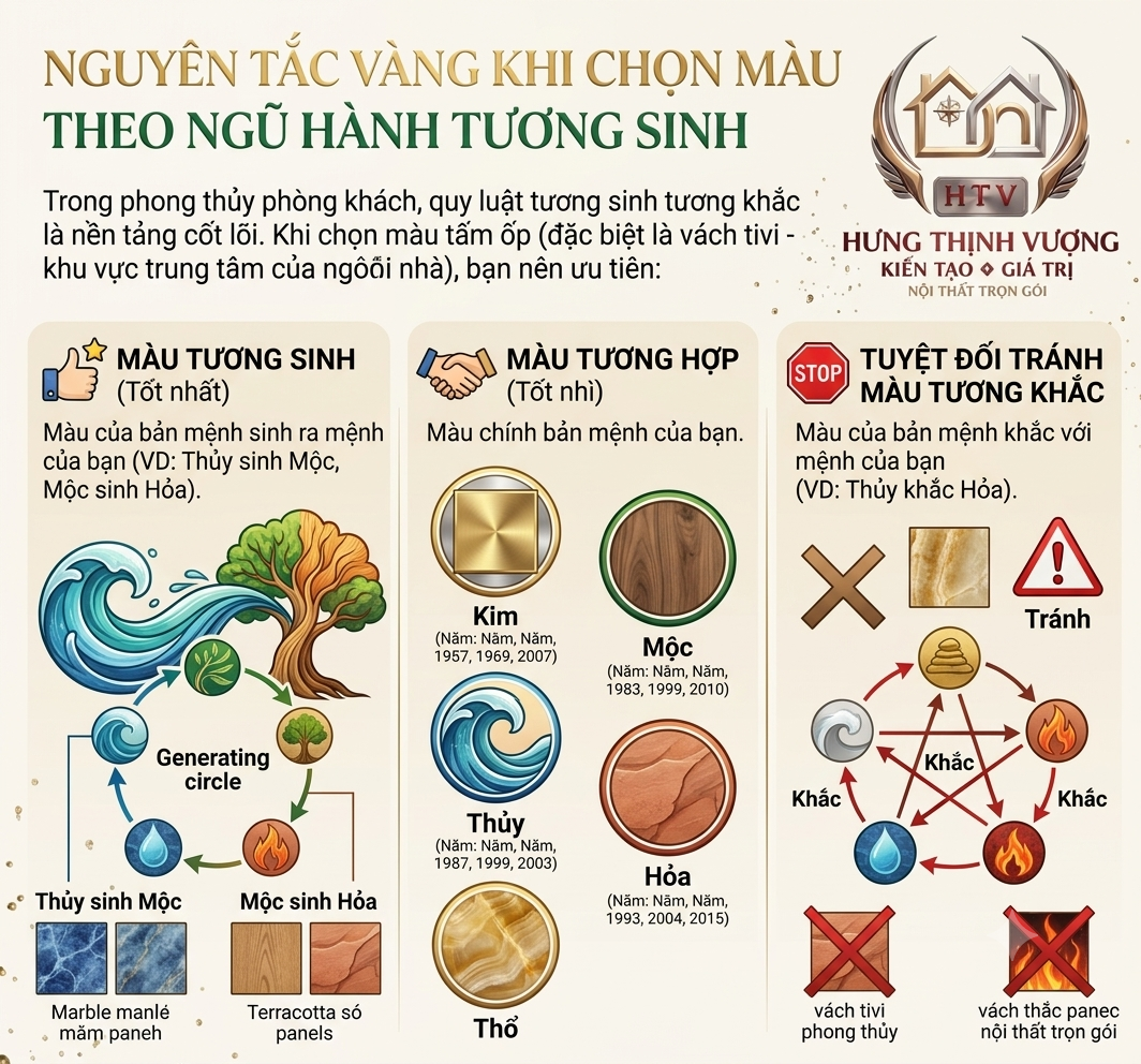 Infographic hướng dẫn nguyên tắc vàng chọn màu sắc tấm ốp tường theo ngũ hành tương sinh tương khắc, hỗ trợ thiết kế vách tivi phong khách chuẩn phong thủy tại Hưng Thịnh Vượng.