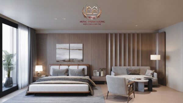 Mẫu vách ốp đầu giường bằng lam sóng gỗ kết hợp đèn LED hiện đại cho phòng ngủ do Nội Thất Hưng Thịnh Vượng thiết kế