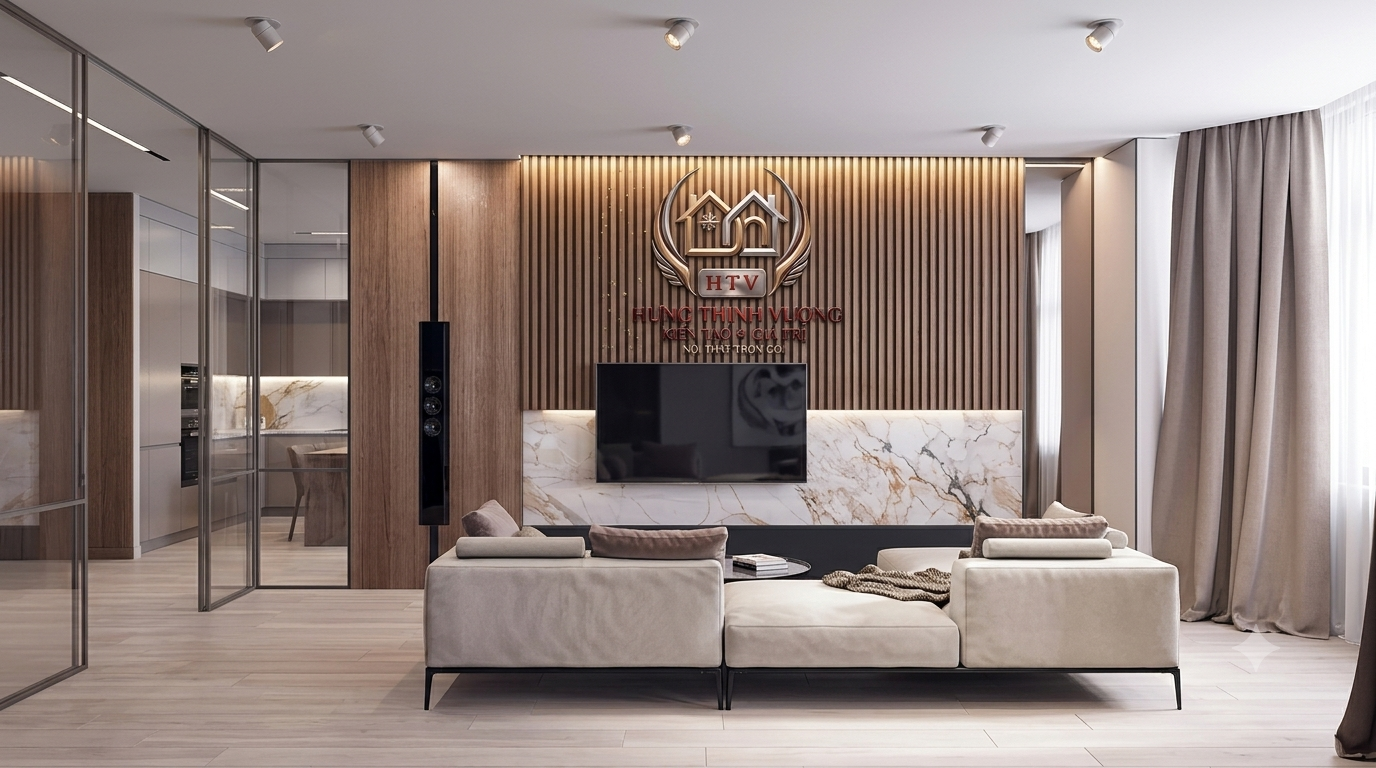 Cách phối màu vách ốp sofa theo quy tắc tương đồng tone sur tone xám nhạt thanh lịch cho phòng khách