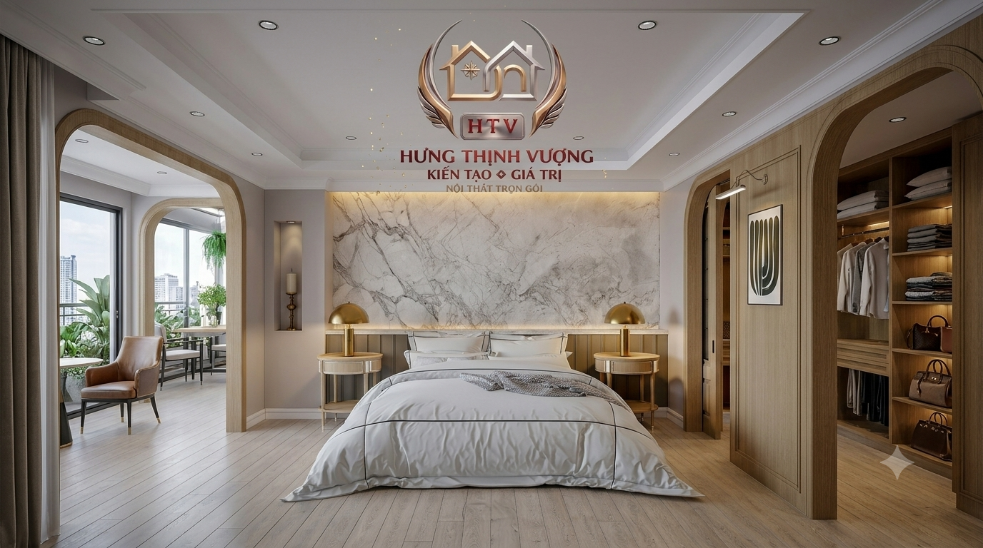 Thiết kế phòng ngủ phong cách tối giản Minimalist bằng tấm ốp Nano màu xám nhạt sáng sủa tại Hưng Thịnh Vượng
