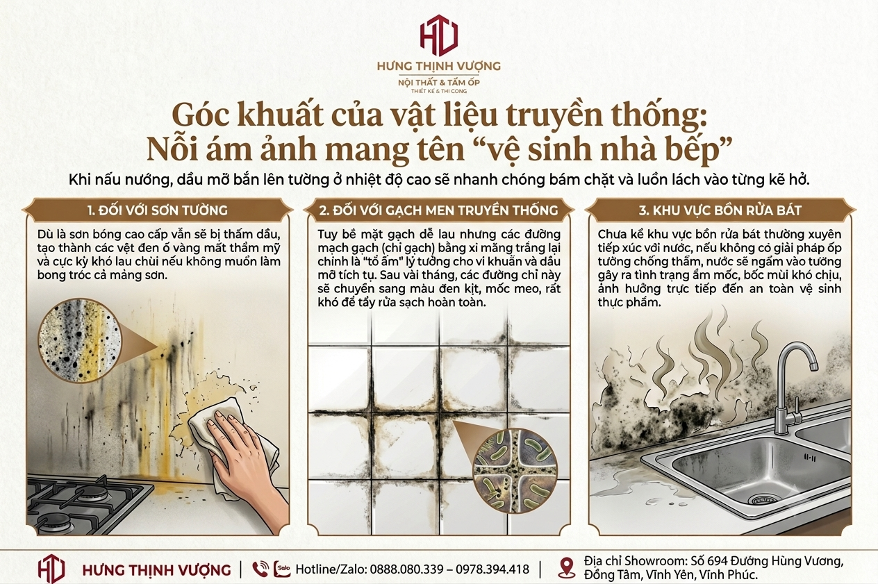 "Các vấn đề thường gặp khi dùng sơn tường và gạch men trong phòng bếp như bám dầu mỡ, ẩm mốc, khó vệ sinh - Nội Thất Hưng Thịnh Vượng."