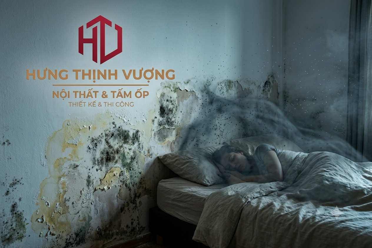 "Tường phòng ngủ bị ẩm mốc, bong tróc sơn gây ảnh hưởng nghiêm trọng đến sức khỏe và thẩm mỹ không gian sống - Nội Thất Hưng Thịnh Vượng."