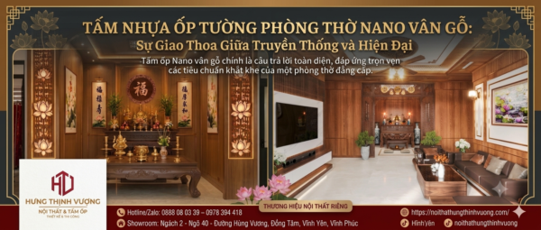 "Thiết kế phòng thờ đẹp, trang nghiêm bằng tấm nhựa ốp tường Nano vân gỗ hiện đại, sang trọng tại Nội Thất Hưng Thịnh Vượng."