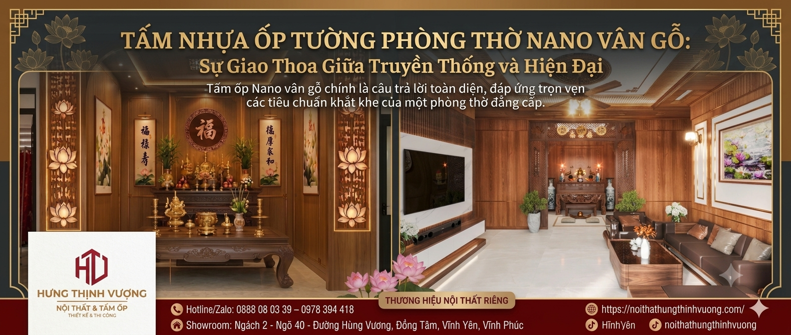 "Thiết kế phòng thờ đẹp, trang nghiêm bằng tấm nhựa ốp tường Nano vân gỗ hiện đại, sang trọng tại Nội Thất Hưng Thịnh Vượng."