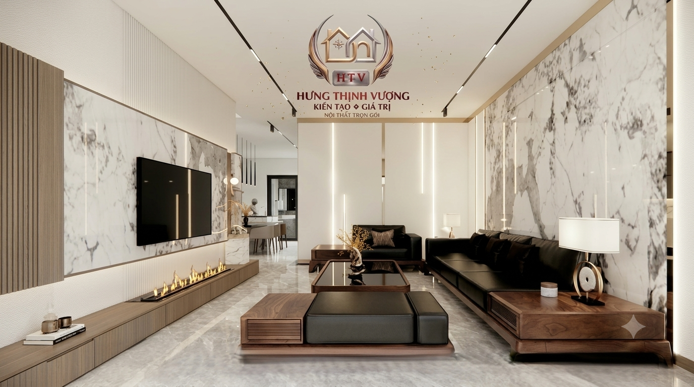 Tấm ốp lam sóng 3D kết hợp nẹp kim loại PVD mạ vàng trang trí vách sau sofa căn hộ chung cư hiện đại