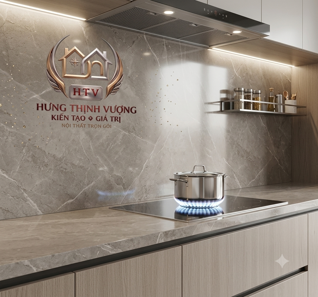 Hệ vách ốp tường bếp bằng nhựa PVC nguyên sinh vân đá chống cháy lan và chịu nhiệt cực tốt tại khu vực nấu nướng do Hưng Thịnh Vượng thi công