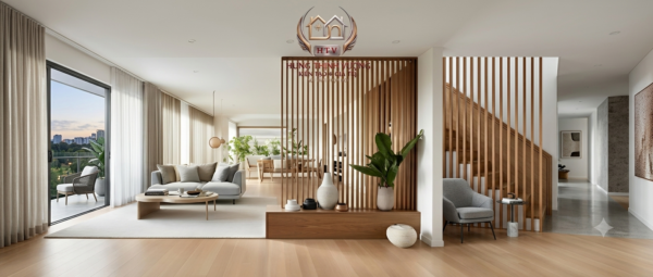 Thiết kế nội thất phòng khách sang trọng với vách ngăn lam gỗ và logo Hưng Thịnh Vượng
