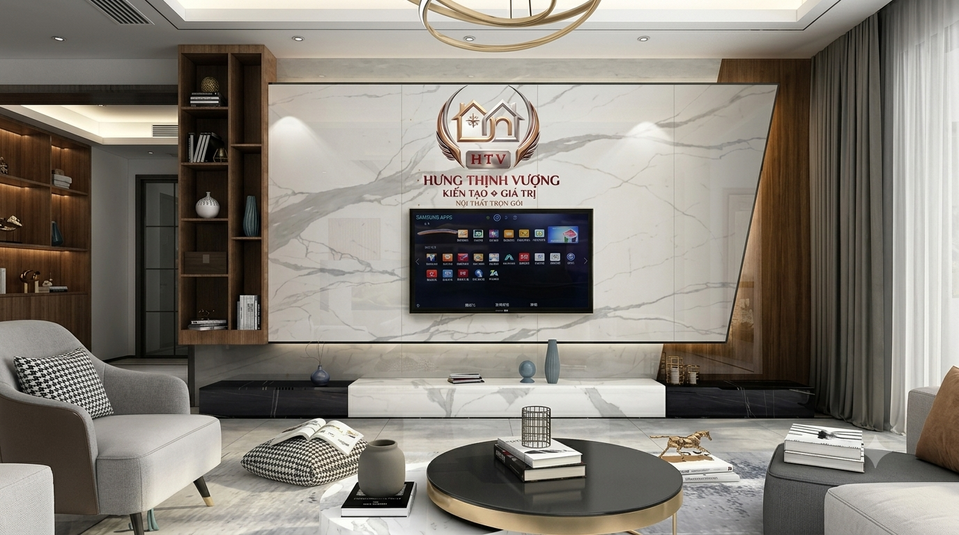 Thiết kế phòng khách hiện đại, sang trọng bằng tấm ốp Nano cao cấp của Hưng Thịnh Vượng