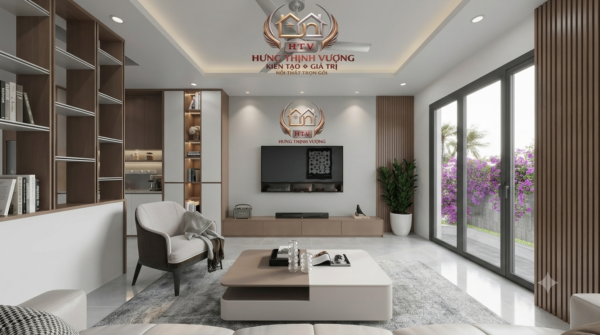 Thiết kế phòng khách liền mạch với tấm ốp Nano vân đá khổ lớn của Hưng Thịnh Vượng