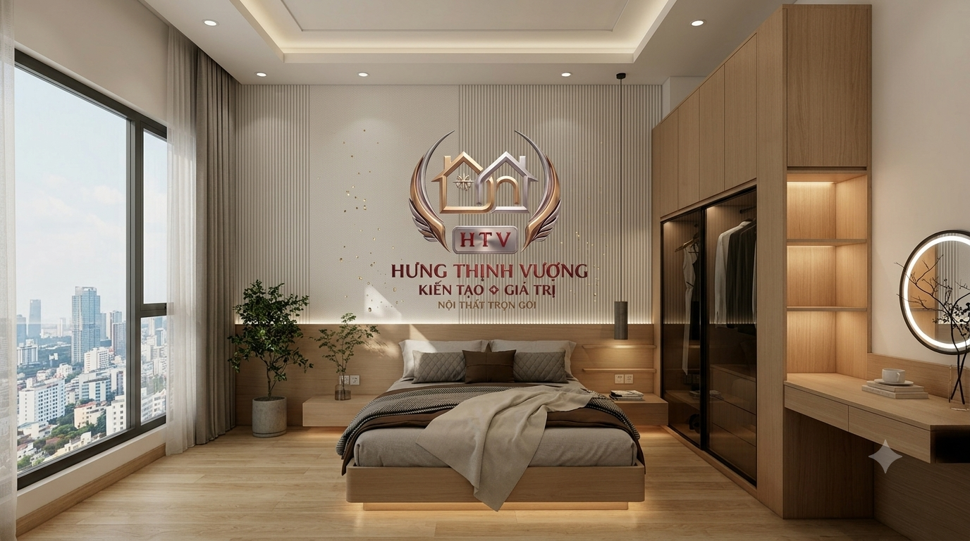 Mẫu vách ốp đầu giường phòng ngủ master cao cấp kết hợp tấm nano phẳng và lam sóng vân gỗ của Hưng Thịnh Vượng