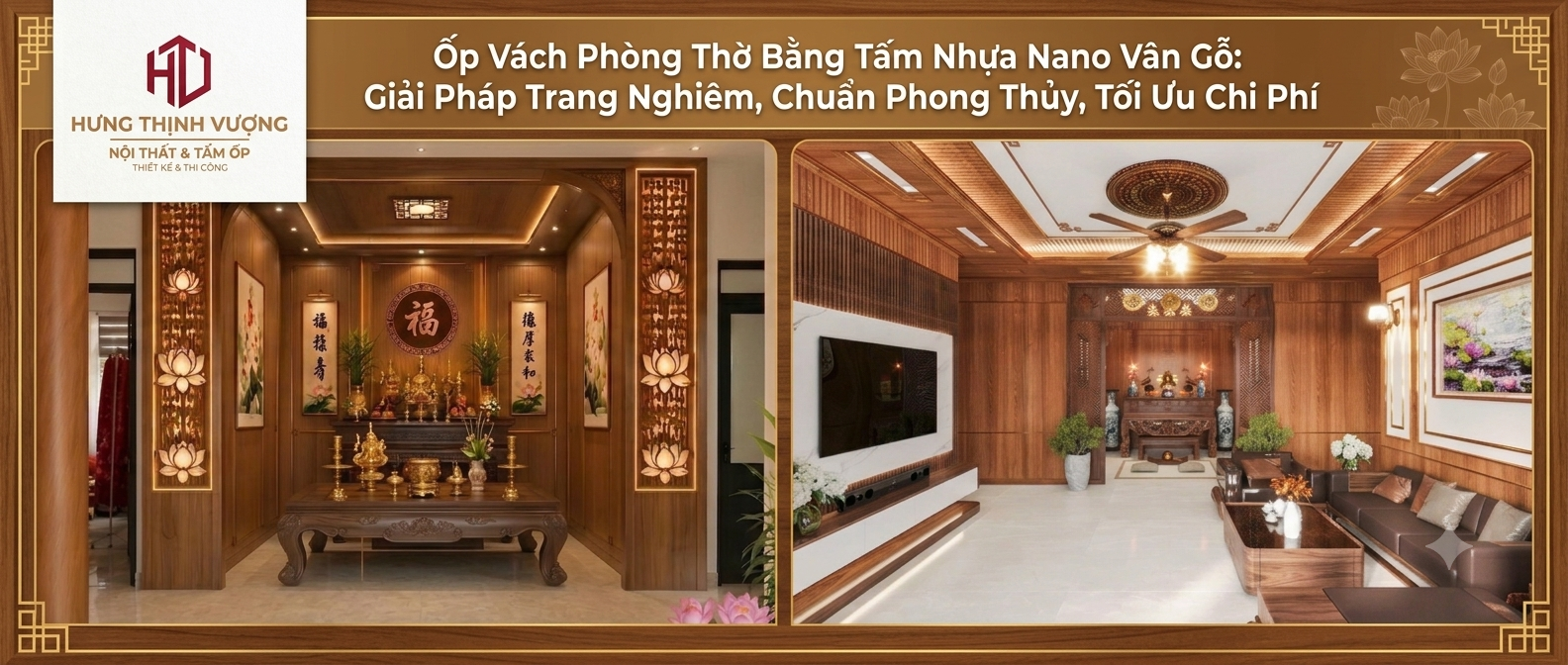 "Thiết kế phòng thờ đẹp, trang nghiêm bằng tấm ốp nhựa Nano vân gỗ, chuẩn phong thủy và tối ưu chi phí thi công của Hưng Thịnh Vượng."
