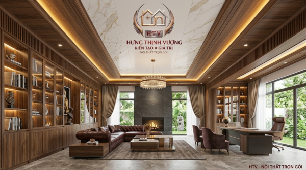 Thiết kế trần nhà bằng tấm ốp nhựa Nano sang trọng, hiện đại cho phòng khách của Hưng Thịnh Vượng