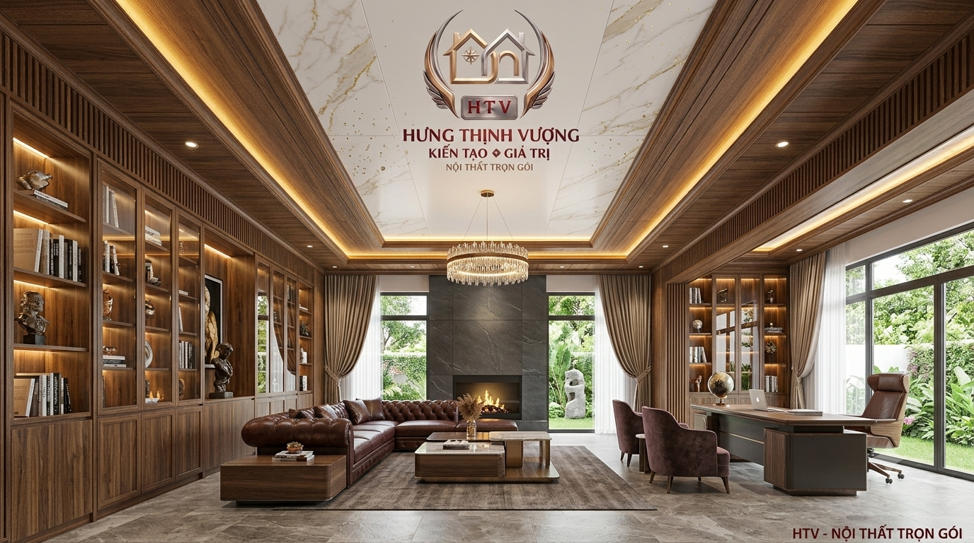 Thiết kế trần nhà bằng tấm ốp nhựa Nano sang trọng, hiện đại cho phòng khách của Hưng Thịnh Vượng